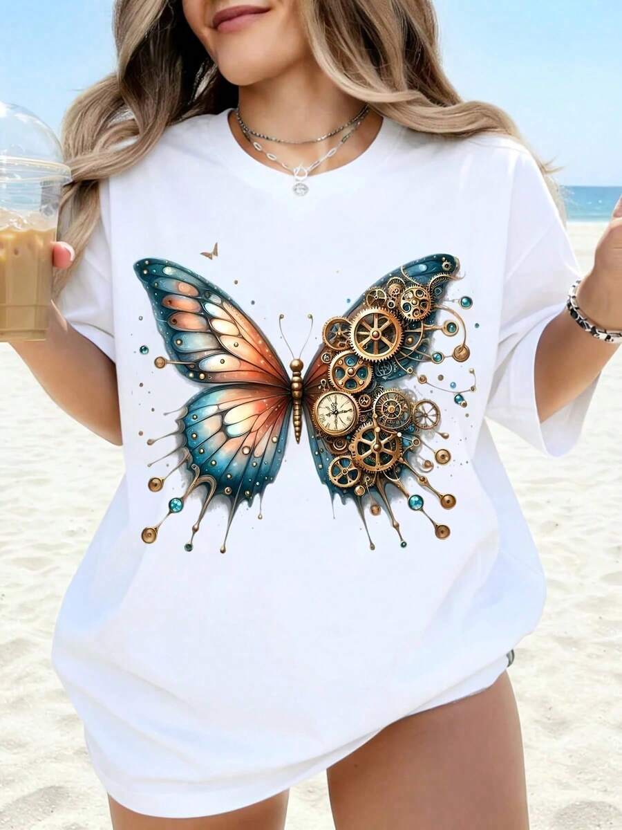 Camiseta Blanca con Diseño de Mariposa Steampunk para Mujer, Estilo Casual de Verano, Ropa de Playa, Camiseta Gráfica de Moda para Vacaciones, Viajes y Uso Diario - Blanco - Ver 1