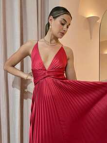 New European-American Spring-Summer 2026 Midi-Party Dress, Pleated, V-Neck, Straps, Wide Skirt - 紅色 - 查看 5