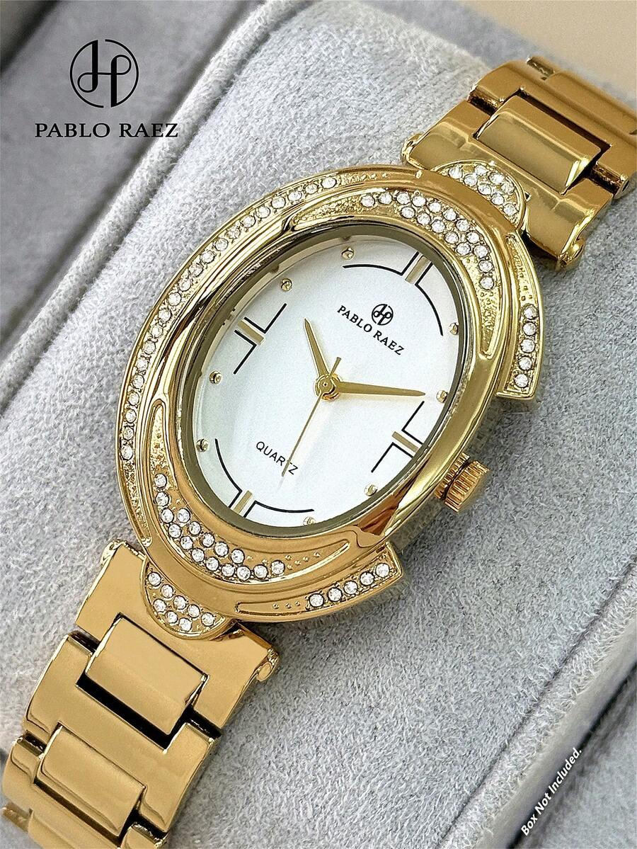 PABLO RAEZ 1件女款 18K金奢華水鑽鑲嵌時尚手錶 不鏽鋼IPG鍍金不褪色錶殼 優雅全新原裝迷人女款石英錶 時尚白色錶盤 AAA高品質 全新鑽石女款熱門腕錶 50m防水 實心厚錶帶 珠寶扣 隨意青少年可愛手錶 精緻禮物 送女友或家人 適合日常/工作/派對裝飾 畢業婚禮生日禮物