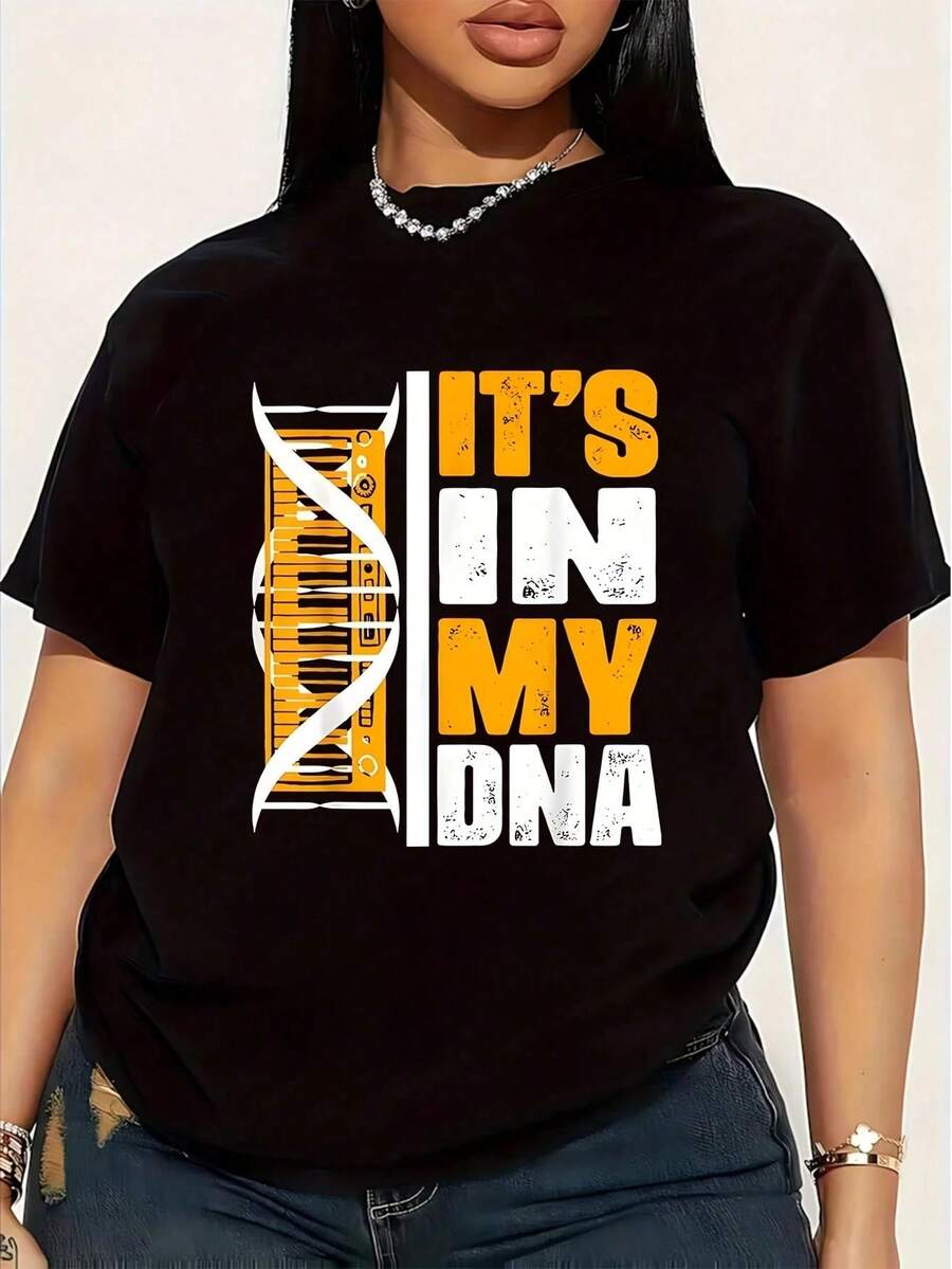 Camiseta de Mujer Talla Grande con Diseño de Teclado de Piano, Divertida, de Manga Corta, con Estampado Gráfico, 100% Algodón, Cuello Redondo, Estilo Casual, 220g - Negro - Ver 1