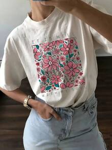 Women's Floral Print Casual Wear - Breathable And Machine Washable With "It's Well With My Soul" Design, Pink And Green Flowers On A White Background, Ideal For Casual Outfits 2026 - 白色 - 查看 1