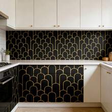 1 Rolo de Papel de Parede Autoadesivo Preto, Papel de Contato Texturizado Dourado, Adequado para DIY, Decoração de Parede de Quarto, Fácil de Manter, Removível, Adequado para Armários, Tampos de Mesa, Portas de Armário, Reforma de Móveis, Papel de Parede de Bottom para Quarto e Sala de Estar - semicírculo verde - Visão 5