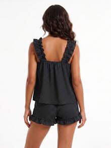 Women Summer Pajama Set Solid Flying Sleeve Tank Tops And Ruffle Shorts 2 Piece Casual Lounge Outfit - Black and White - View 7