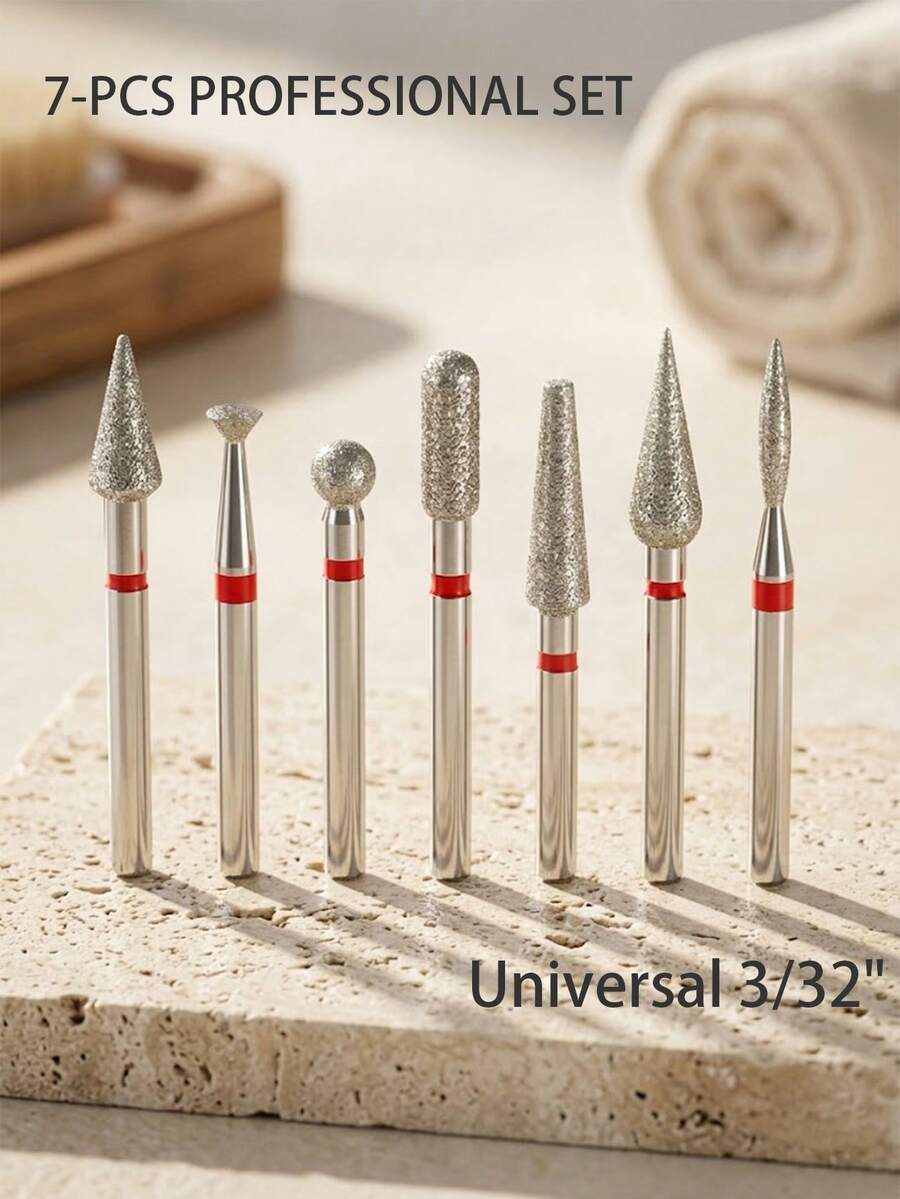 7件組鑽石美甲鑽頭組，適用於角質清理，3/32英吋專業俄式美甲鑽頭，細砂紅環死皮去除電動美甲锉，壓克力凝膠美甲前處理工具