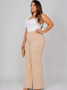 Women's Wide Leg Plus Size Pants, Chocolate Brown - 米色 - 查看 3