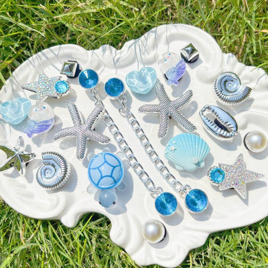 20 buah Hiasan Bintang Laut Perak, Cangkang Biru, Kura-kura untuk Dekorasi Sepatu DIY, Cocok untuk Sandal Berlubang, Elegan dan Modis, Hadiah untuk Pacar - Baby Blue - View 1