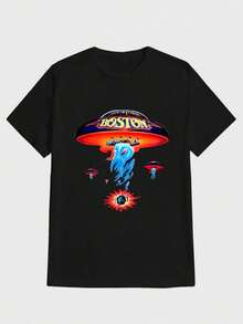 Para hombre,Camisa de algodón con estampado de ovnis y texto "BOSTON",Camiseta casual de cuello redondo y manga corta con estampado,adecuada para uso diario en primavera y verano,unisex - Negro - Ver 1