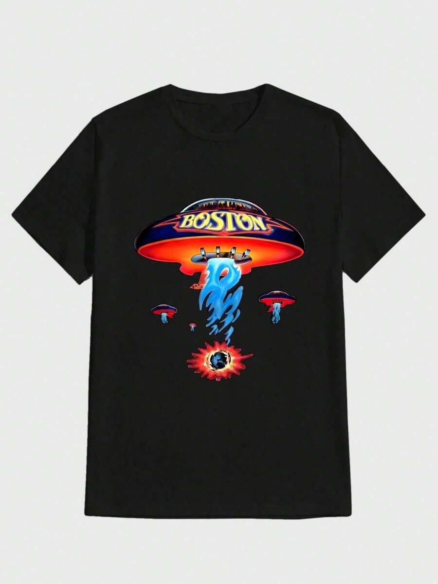 Para hombre,Camisa de algodón con estampado de ovnis y texto "BOSTON",Camiseta casual de cuello redondo y manga corta con estampado,adecuada para uso diario en primavera y verano,unisex - Negro - Ver 1