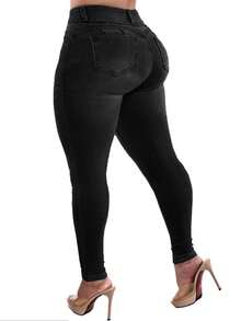 Plus-Size Pure Black Slim Jeans With Button Pockets. Simple Y2K Style, Perfect For Daily And Holiday Wear. Casual - Black - View 3