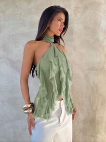 Camiseta ajustada de mujer con cuello alto y volantes multicapa elegantes - Verde 2 - Ver 2