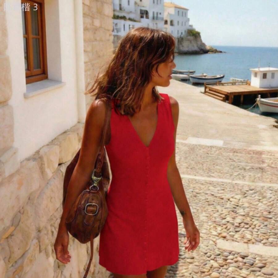 yonghongmaoyi1 Vestido de punto de unicolor albaricoque PARA BELLEZA para mujer, diseño de cuello en V sin mangas con botones, estilo casual de vacaciones, adecuado para el - Flor de dátil roja - Ver 1