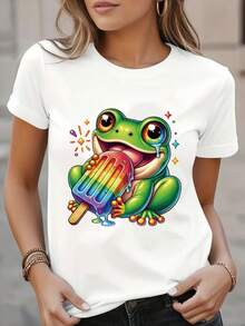 Camiseta de Verano para Mujer con Estampado de Rana, Top Casual de Manga Corta y Cuello Redondo para Primavera y Verano - negro - Ver 1