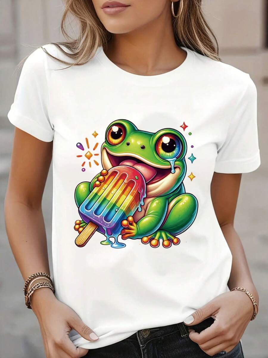 Camiseta de Verano para Mujer con Estampado de Rana, Top Casual de Manga Corta y Cuello Redondo para Primavera y Verano - negro - Ver 1