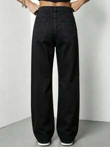 Women's Y2K Casual Black Denim Wide Leg Jeans With Graphic Print And Ripped Detail, Long Length Non-Stretch Button Jeans - 黑色圖案 - 查看 2