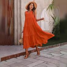 Vestido midi elegante de vacaciones, cuello en V, diseño en capas tipo pastel, color liso, corte amplio - Naranja - Ver 8