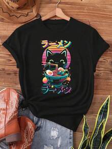 Camiseta con estampado de gato anime comiendo ramen, diseño degradado y calado, estilo japonés, manga corta, cuello redondo, top casual para verano y primavera, ropa de mujer. - Negro - Ver 1