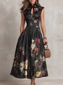 ¡RENUEVA TU ARMARIO YA!Vestido Largo Negro para Mujer, Sin Mangas, Estampado Digital de Flores, con Flores 3D, Ajustado, Estilo Elegante y Sexy, Más Vendido, Perfecto para Fiestas, Cenas, - Negro - Ver 9
