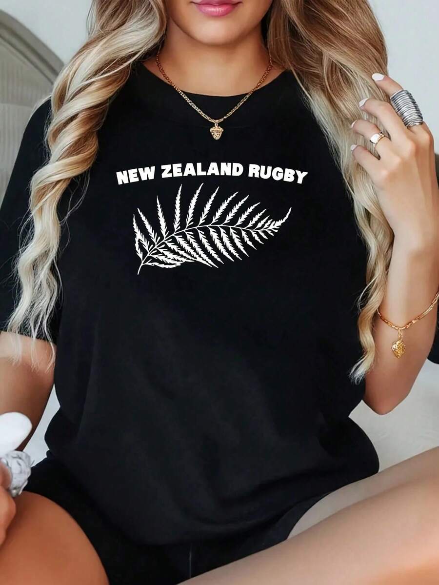 1 Pieza Camiseta de Rugby de Nueva Zelanda Vintage Simple con Estampado de Helechos Plateados para Mujer, Talla Grande, Camiseta Gráfica de Manga Corta de 220g, Novedosa, 100% Poliéster, Cue - Negro - Ver 1