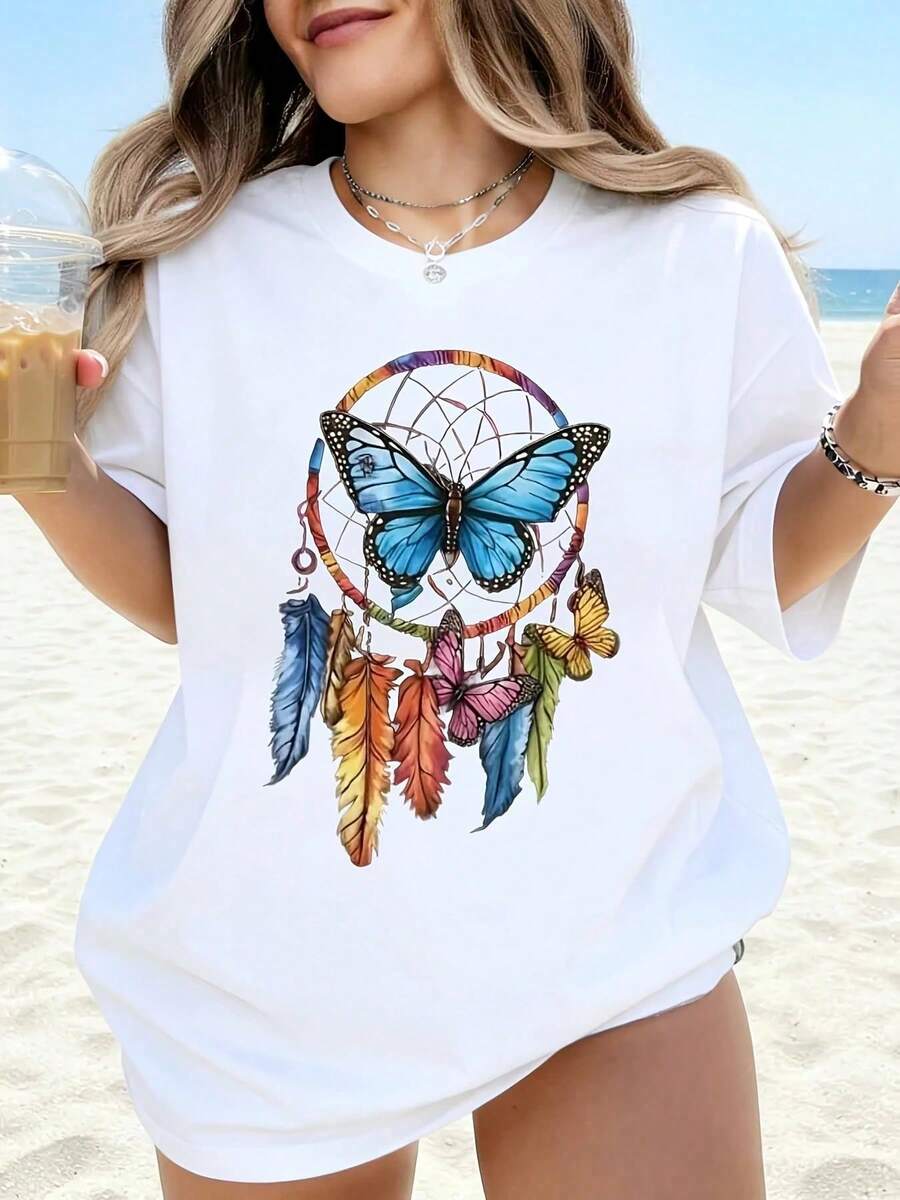 Women's White T-Shirt With Butterfly Dreamcatcher Print, Casual Loose Fit, Summer Beach Top, Oversized Graphic Tee For Women, Boho Style, Fashion Shirt - 白色 - 查看 1