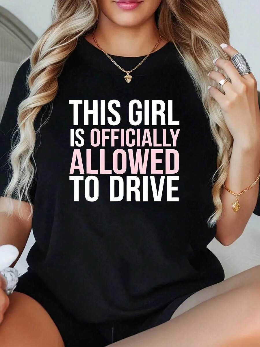 1 Women's Plus Size T-Shirt With Graphic Print 'Girls Are Officially Allowed To Drive', Short Sleeve, 220g, 100% Polyester, Casual Crew Neck Style - 黑色 - 查看 1
