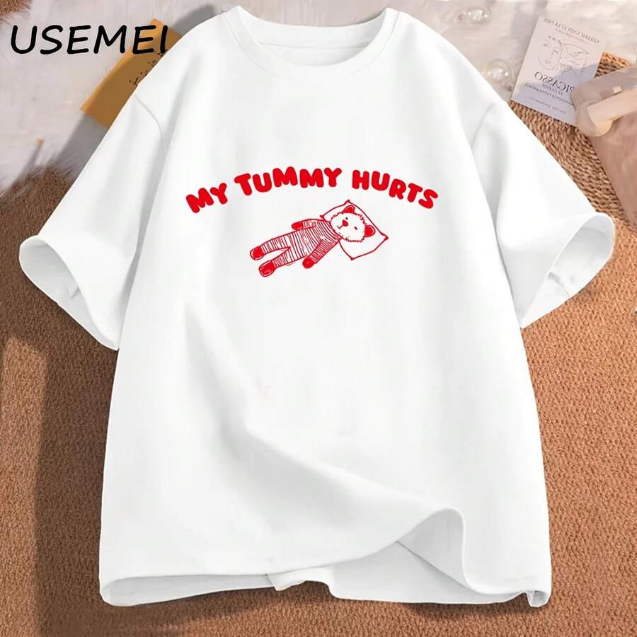 Camisetas con estampado de My Tummy Hurts Bear Meme, camisetas de algodón de manga corta, ropa de gran tamaño para hombre, camisetas con estampado divertido, ropa para hombre - Multicolor - Ver 1