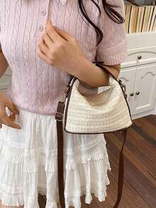 Modische Retro-Umhängetasche mit großer Kapazität aus geflochtenem Stroh für Strand und Urlaub - Beige - Übersicht 6