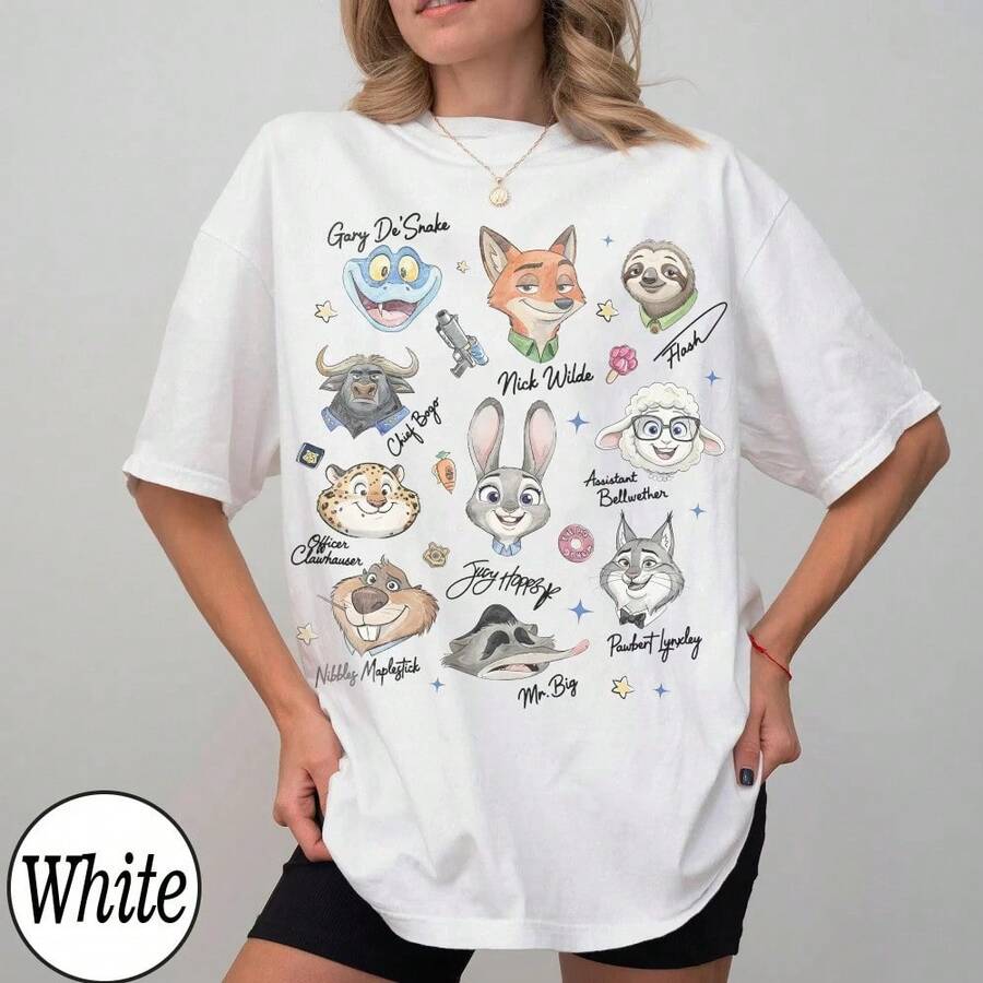 Disney Zootopia Character Signature Sketch T-Shirt, Disney Zootopia Judy Hopps, Nick, Gary, Nebles, Bogo T-Shirts - 5 - 查看 1
