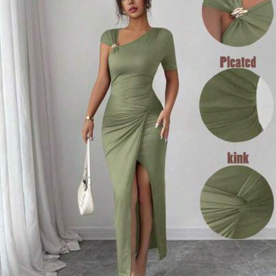 Vestido maxi elegante de mujer con decoración asimétrica de metal, fruncido oblicuo en el hombro, cintura ceñida y dobladillo retorcido en color marrón - Verde - Ver 1