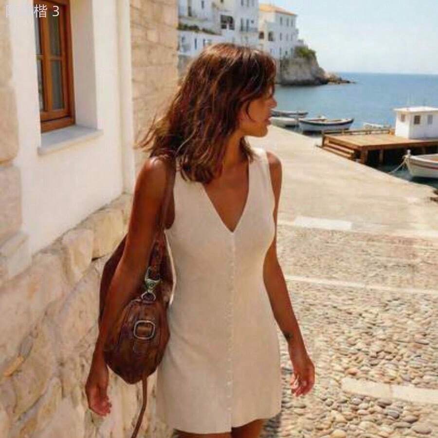 yonghongmaoyi1 Vestido de punto de unicolor albaricoque PARA BELLEZA para mujer, diseño de cuello en V sin mangas con botones, estilo casual de vacaciones, adecuado para el - Albaricoque - Ver 1