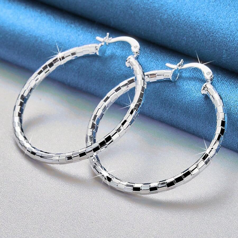 1 Đôi bông tai vòng tròn thời trang mạ bạc 925 Sterling 40MM thiết kế sequin hình vuông cho nữ, trang sức đa năng cho đám cưới, tiệc tùng, quà tặng, dạo phố - Bạc - Xem 1