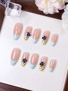 10 Stück handgefertigte mandelförmige Nagelaufkleber, Blau & Gelb Kontrast, französische Spitzenkante, Polka Dot, handgemalte Blaubeere, lebhaft sonnig, exquisite Sommer-Maniküre, schnell entfernbar, Press-On Kunstnägel - Verschiedenfarbig - Übersicht 12