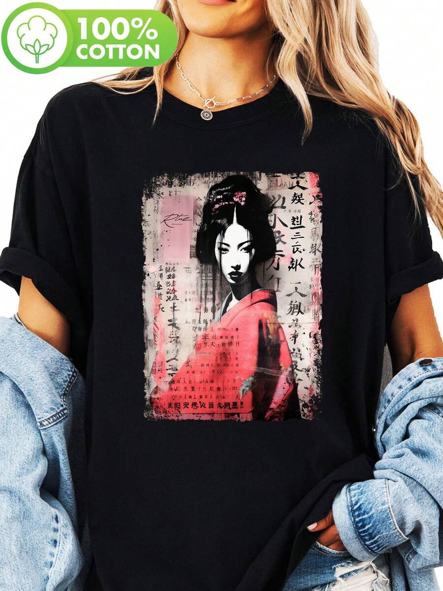 Women's Geisha Print T-Shirt - Black With Red And Pink Art, Short Sleeve Round Neck, Y2K Retro Urban Fashion For Spring And Summer, Comfortable Casual Wear, Summer Casual Top - 黑色 - 查看 1