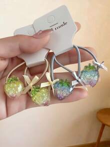4pcs Girls Sweet Cute Acrylic Glitter Strawberry Bow Decor Elastic Non-Slip Hair Ties - Multicolor - View 9
