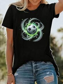 Women's Plus Size Short Sleeve T-Shirt With Football Design, Round Neck, Casual Style, Fun, Graphic Print, 100% Polyester, 1 Piece, 220g. - 黑色 - 查看 1