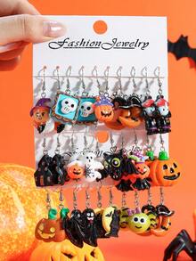10/30/60pcs Halloween Cute & Funny Pumpkin Bat Zombie Ghost Black Cat Spider Witch Hat Resin Pendant Earrings Halloween Gift Set - Multicolor - View 16