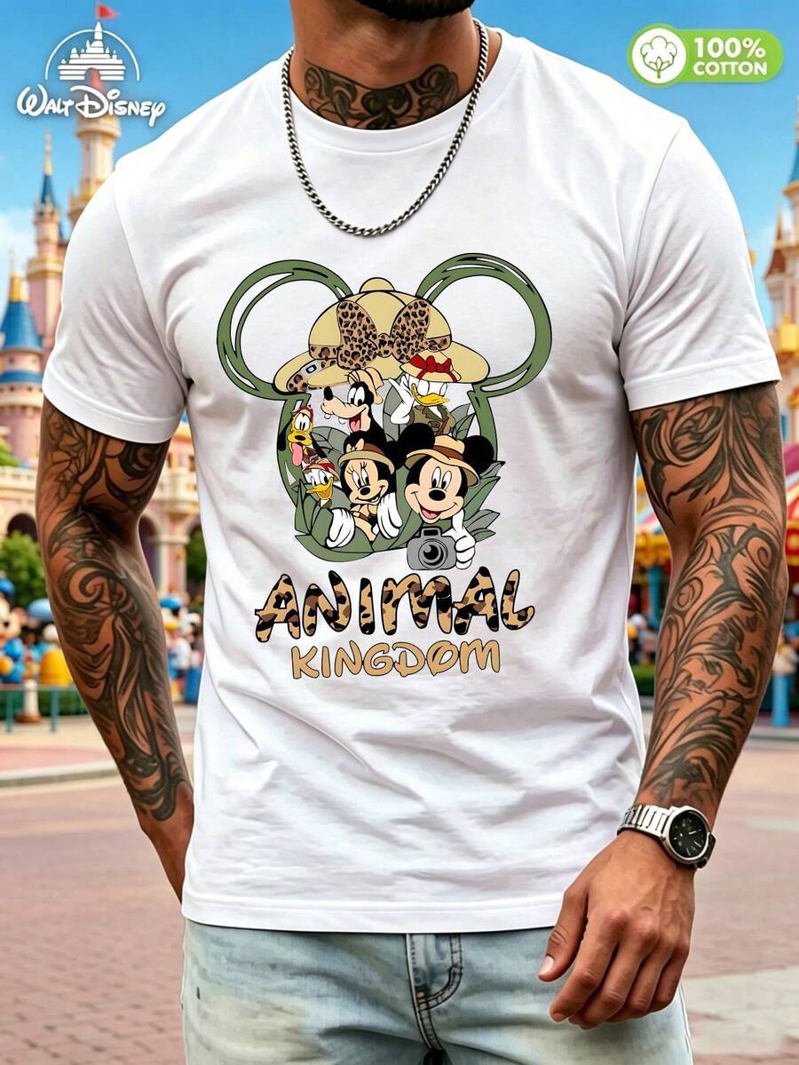 Disney Men's 100% Cotton Animal Kingdom Casual T-Shirt. Classic Mickey And Minnie Mouse Adventure Designs, Paired With Leopard Print "ANIMAL KINGDOM". - 白色 - 查看 1