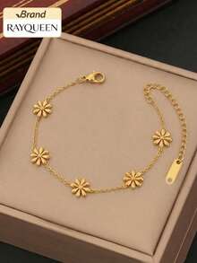 RAYQUEEN 1pc Floral Fresh Design Daisy Stainless Steel Gold Plated Bracelet Non-Fading Influencer Blogger Jewelry - Yellow Gold - View 6