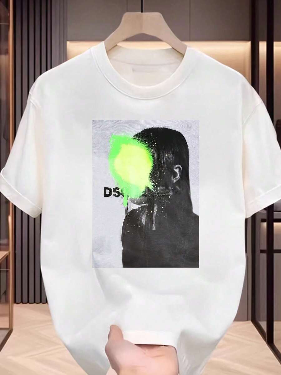 Camiseta para hombre con estampado de silueta estilizada fluorescente| 100%, Verano, Manga corta, Logo DS - Blanco - Ver 1