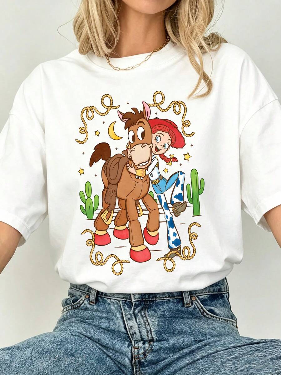 Disney Toy Story Jessie & Bullseye Tee, Western Cowboy Print, Playful Retro Vibe, Great For Park And Casual Wear. - White - View 1