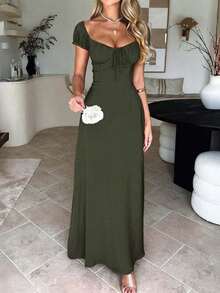 Women's Elegant Square Neck Maxi Dress, Puff Short Sleeve Tie Front A-Line Long Dress, High Waist Corset Detail Flowy Swing Dress, Casual Chic Evening Party Cocktail Dress, Summer Vacation - 軍綠色 - 查看 6