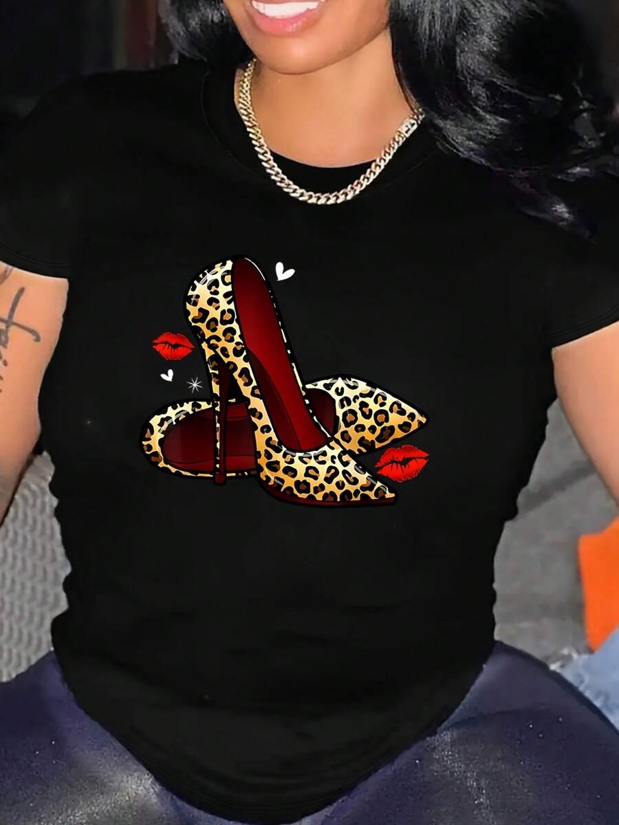 Leopard Print T-Shirt With High Heels, Casual Round Neck And Short Sleeves For Spring And Summer, Women's Clothing - Black - View 1