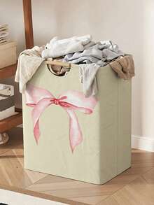Large Capacity Foldable Laundry Basket With Bow Print, Wooden Handle, Multipurpose For Bathroom, Nursery, Dirty Clothes, Toys & Household Storage - Multicolor - View 23
