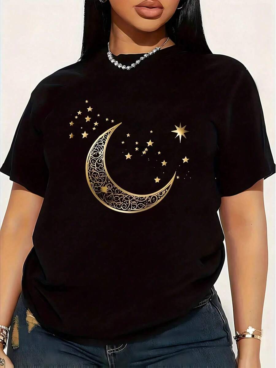 Women's Plus Size T-Shirt With Crescent Moon And Stars Graphic Print, Black With Gold Print, Fun, Short Sleeve, 100% Cotton, Crew Neck, Casual, 220g - 黑色 - 查看 1