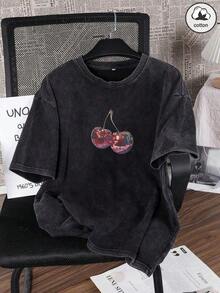 Men's And Women's 100% Cotton Es Trus Women's Cotton T-Shirt With Fun Cherry Graphic Print, Streetwear Style, Comfortable And Versatile Retro Casual T-Shirt, Y2K Edition, Ne T-Shirt - 黑色 - 查看 1