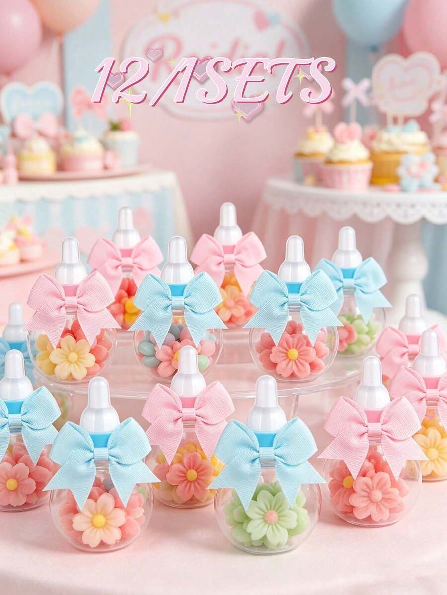 12/1 Bộ - Hũ kẹo mini hình bình sữa em bé có nơ, phù hợp đựng kẹo, sô cô la, bánh, tráng miệng, quà tặng tiệc cưới công chúa, sinh nhật, tiệc mừng em bé, tiệc tiết lộ giới tính, trang trí tiệc, quà tặng cho khách (Hồng, Xanh) - Nhiều màu - Xem 1