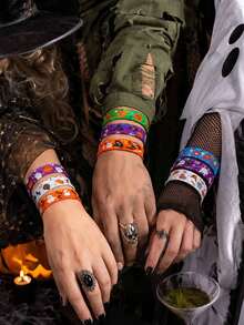 12/24pcs Halloween Elastic Bracelet Set: Includes Pumpkin, Ghost, Bat And Spider Pattern Halloween Themed Elastic Bracelets. Perfect As Halloween Party Favors, Gift Bag Fillers. - Multicolor - View 2