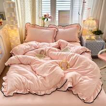 Juego de ropa de cama estilo princesa con volantes y ribete negro (1 Edredón + 2 Fundas de almohada), tela 100% poliéster suave y cómoda, adecuado para dormitorio, habitación de invitados, excelente como regalo - Albaricoque - Ver 10
