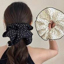 Korean-Style Fabric Floral Large Scrunchie, Elegant Polka Dot Edged Hair Tie,Stylish Versatile Hair Flower Accessory, Dot Pattern Polyester Scrunchie - Multicolor - View 3