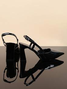 1 Pair Shiny Black Soft PU Teen High Heel Sandals With Silver Metal Buckle, Pointed Toe, Chunky Heel, Princess Style, Suitable For Daily Casual, Home, Party And Outdoor Wear, Summer/Autumn - Black - View 7