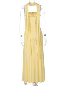 Women's Elegant Fashion Party Dress, Fitted Plain, Open Back, Floating Ribbon, European Style, New - Yellow - View 6